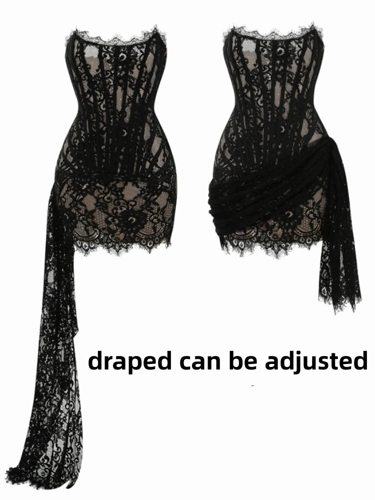 Women's Sexy Strapless Lace Corset Mini Dress Sleeveless Lace-up Adjusted Draped Black Bodycon Dresses Elegant Party Club Gowns - Seprincess