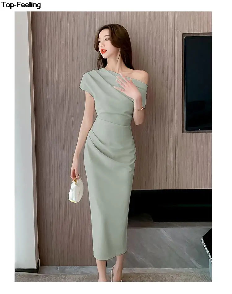 Elegant Off Shoulder Evening Party Dresses Women Summer Fashion Slim One Piece Solid Vestidos Korean Graduation Robe Clothing - Seprincess