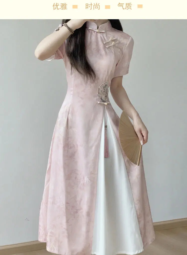 Elegant Pink Stand Collar Short Sleeve Ao Dai Vietnamese Dress for Women Chinese Style Printed Cheongsam Dresses Qipao XL 2XL - Seprincess