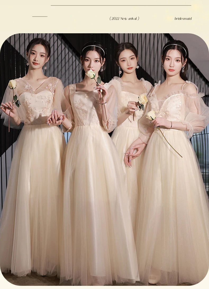 Champagne Bridesmaid Dress Women's Sweet Tulle Embroidery New Temperament Sisters Evening Dresses A-Line Wedding Party Gown - Seprincess