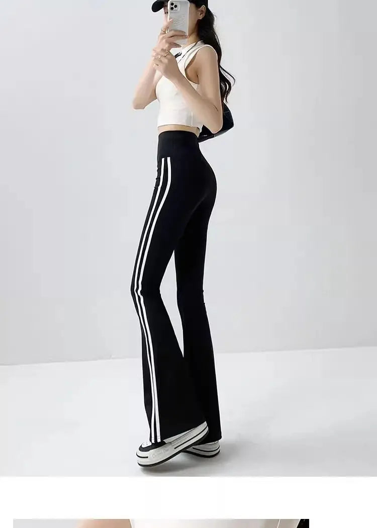 Women Stripe Flared Shark Pants Thin Style Yoga Leggings High Waist Hip Liftting Workout Running Fashion Skinny Sports Leggings