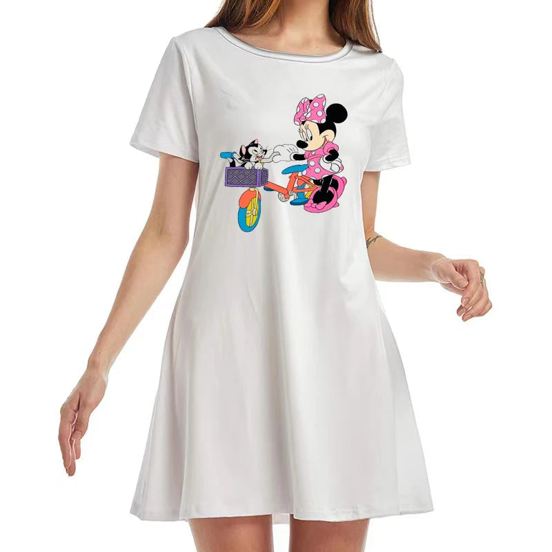 New Disney Minnie Mouse Anime Print Summer 2022 Ladies Sexy Round Neck Boho Beach Dress Ruffle Short Sleeve Mini Dress Y2K - Seprincess