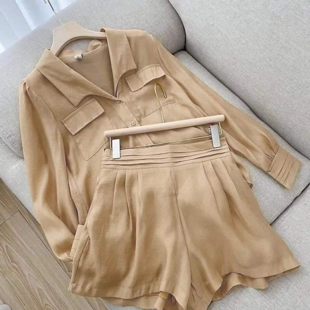 Spring Shirt Two Piece Set For Women Summer Shorts 2 Piece Sets Suits Solid Color Long Sleeve Shirt Short Casual Outfits Female - Seprincess