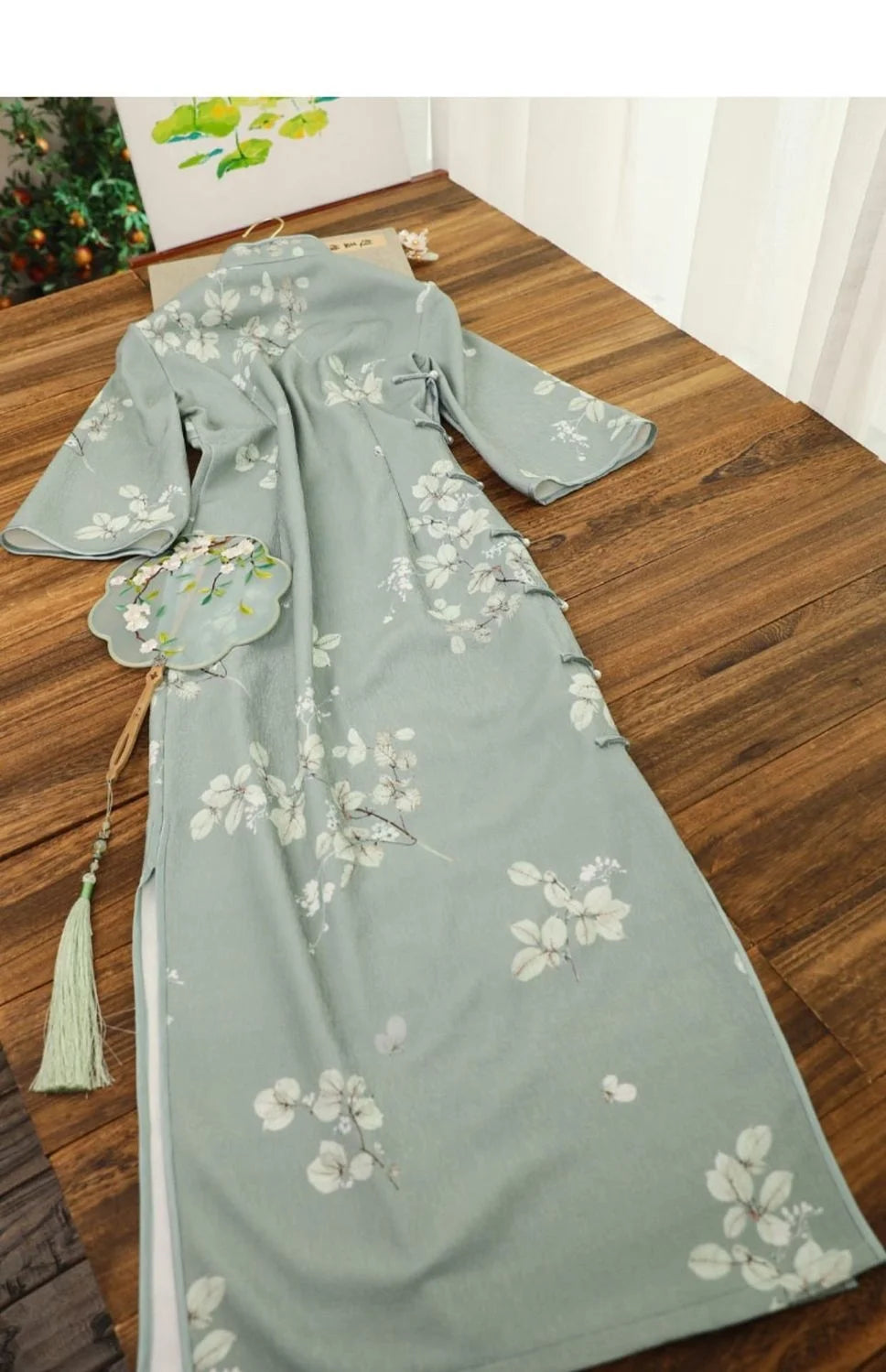 Inverted Sleeves Daily Green Flower Slim Qipao Women's Autumn Improved Modern Vintage Chinese-traditional-dress Cheongsam New - Seprincess