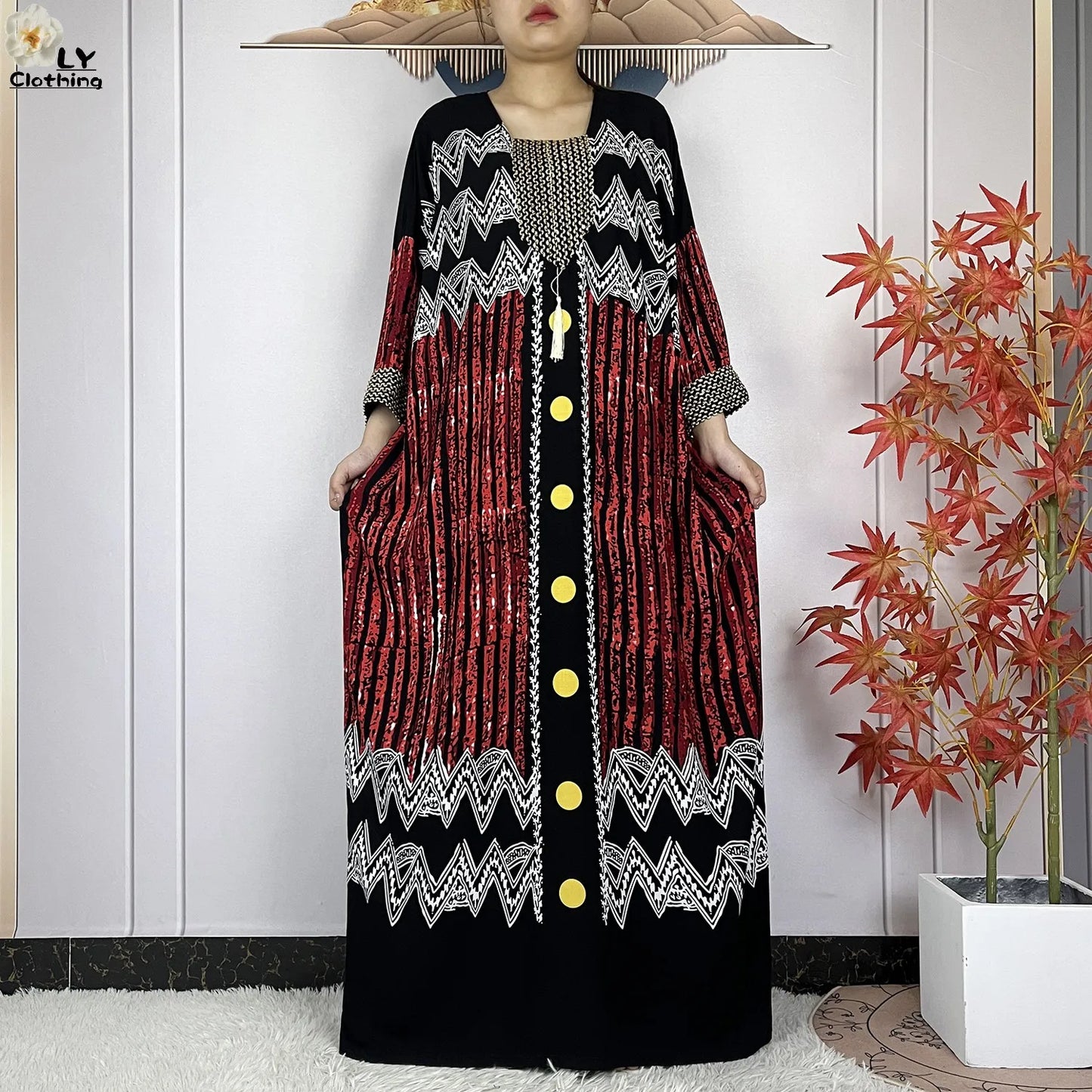 2024New Dubai Party Dress Muslim Femme Long Sleeves Printing Sequins Loose Boubou Maxi Islam Women Cotton African Abaya Clothing - Seprincess