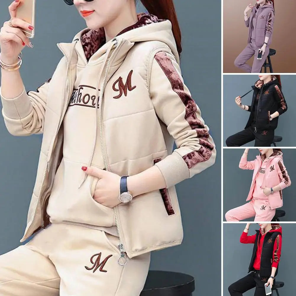 Fashion Warm Three Piece Set Women Outfit 2022 Fall Winter Thicken Tracksuit Casual Waistcoat + Hoodies + Pant Female Sweat Suit - Seprincess