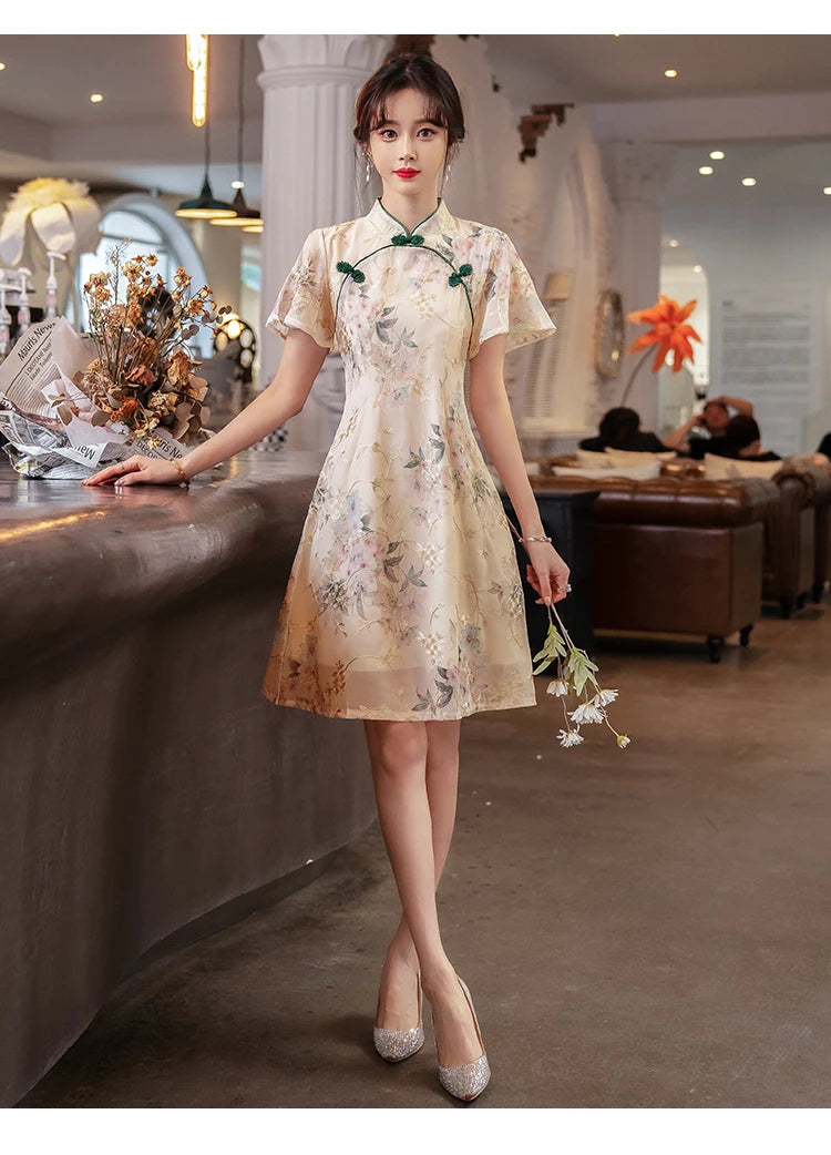 New Style Summer Improved Chiffon Cheongsam Women' Elegant Chinese Traditional Short Sleeve Qipao Dress Modern - Seprincess