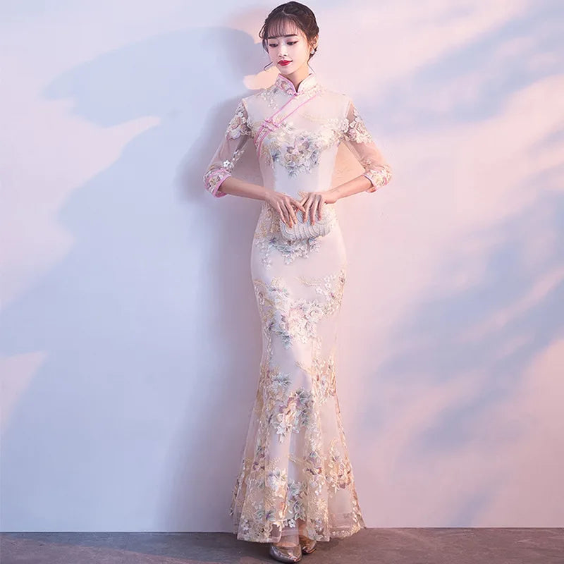 Champagne Sweet Elegant Bridesmaid Dress Women Temperament Formal Party Gown Exquisite Floral Embroidery Novelty Cheongsam - Seprincess