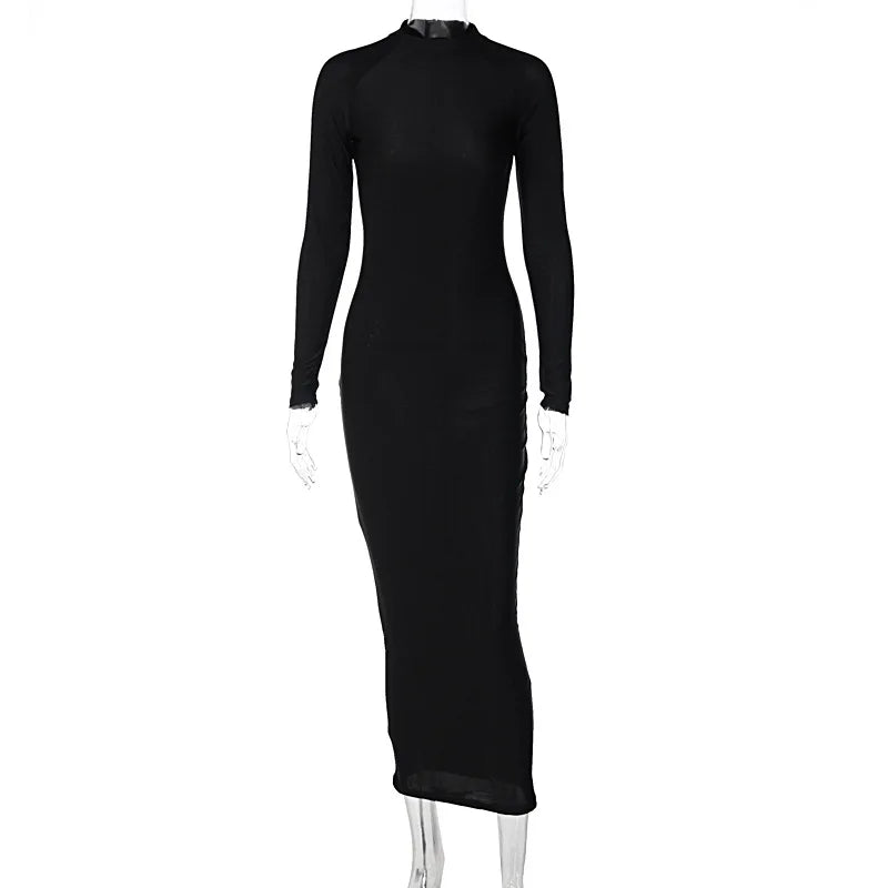 2022 Black Long Sleeve Zip Up Midi Dress Bodycon Sexy Streetwear Festival Clothing Y2K Party Club Outfits Autumn Winter - Seprincess