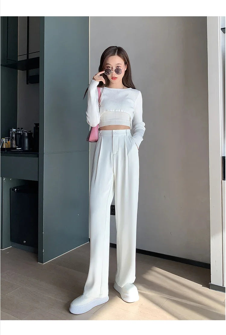 Casual High Waist Loose Wide Leg Pants for Women Spring Autumn New Female Floor-Length White Suits Pants Ladies Long Trousers