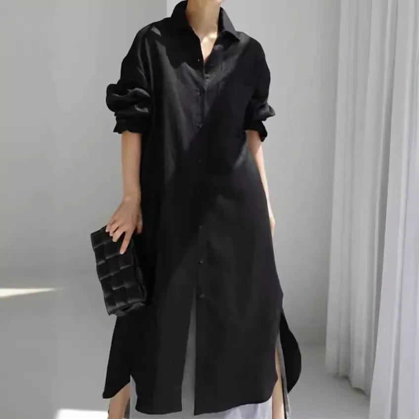 Summer Fashion New Women's Cotton Linen Dress Shirt Elegant Loose Irregular Cardigan Single Breasted Fashion Long Sleeved Dress - Seprincess