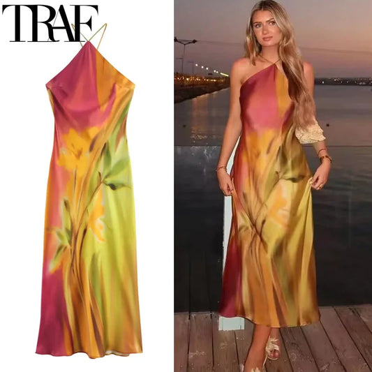 TRAF Women's Dress 2024 Print Halter Midi Dresses Summer Tie Dye Long Dresses For Women Backless Sexy Satin Holiday Dresses - Seprincess