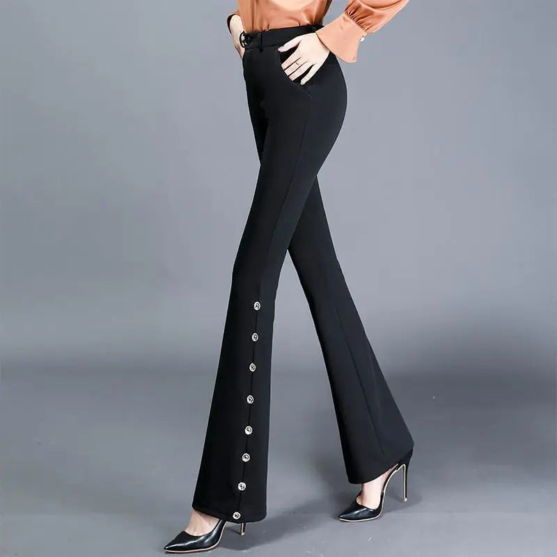 Summer Fashion Simple Slim Straight Flare Pants Women Solid High Waist Button Zipper Pocket Casual Versatile Elastic Trousers