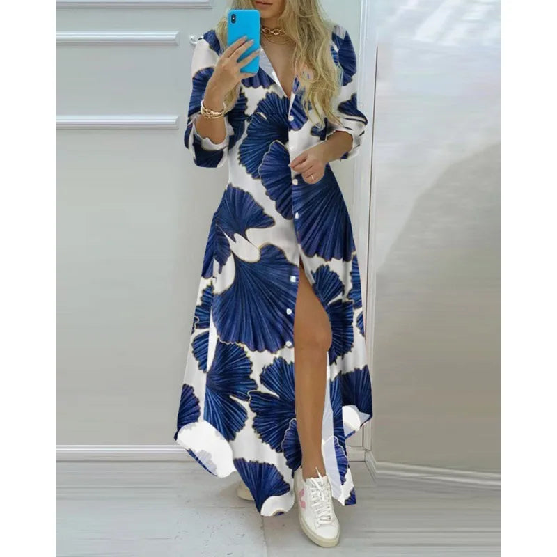 Women Boho Printed Long Shirts Dress Summer Turn-down Collar Long Sleeve Party Dress Female Casual Evening Maxi Dresses Vestidos - Seprincess