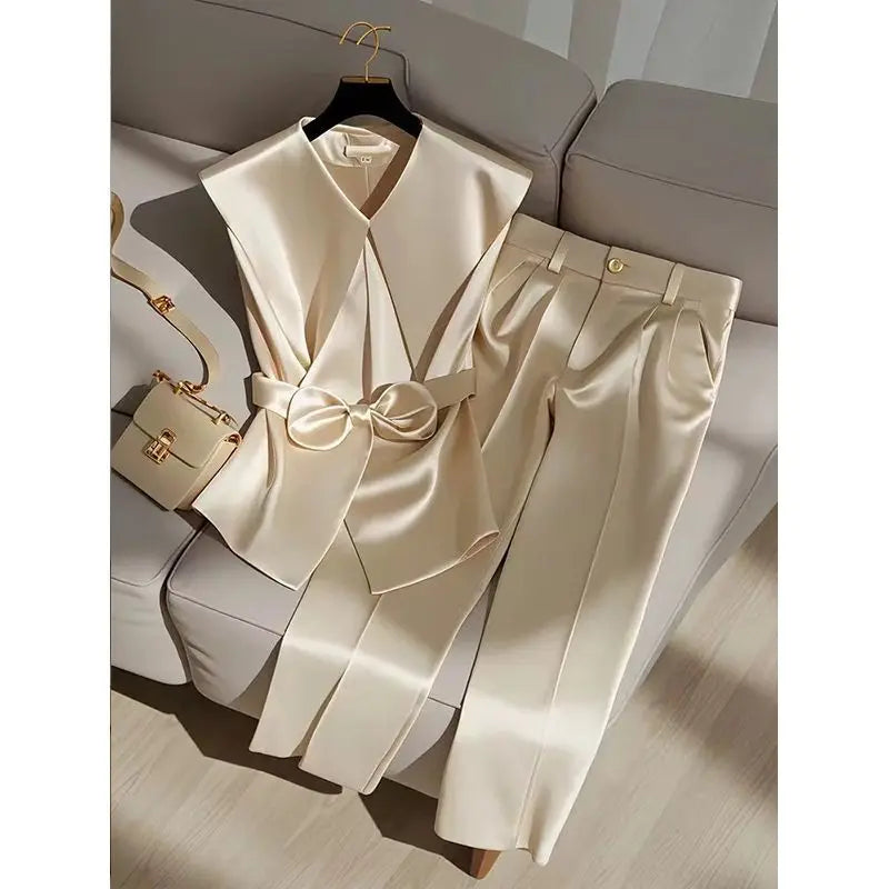 Fashion Satin Celebrity Outfits Elegant OL Peter Pan Collar Bow Sleeveless Vest + High Waist Wide Leg Pants Two Piece Set 376P - Seprincess