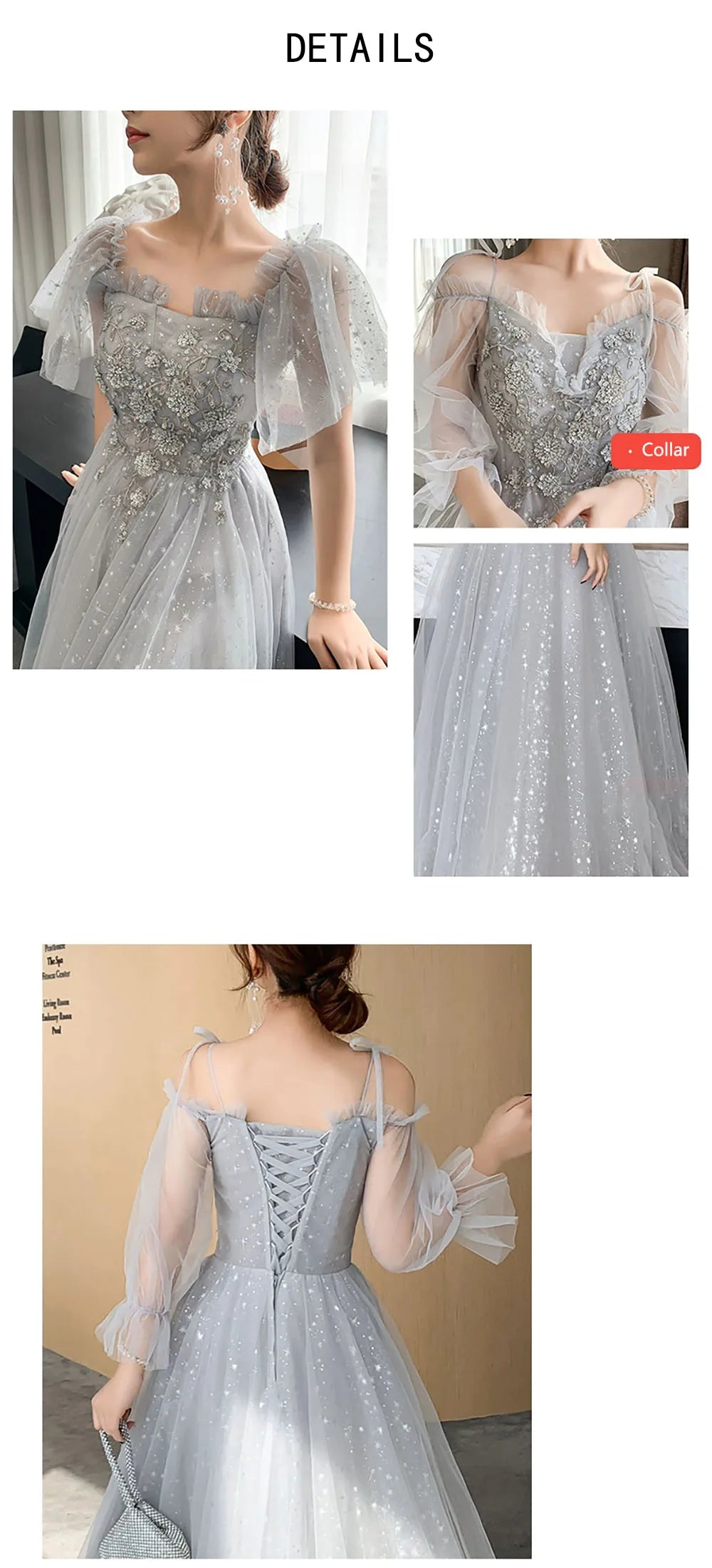 Bridesmaid Dress Women Lantern Sleeve Sequin Tulle Party Dresses Fairy Stage Performance Elegant Ladies Banquet Evening Gown - Seprincess