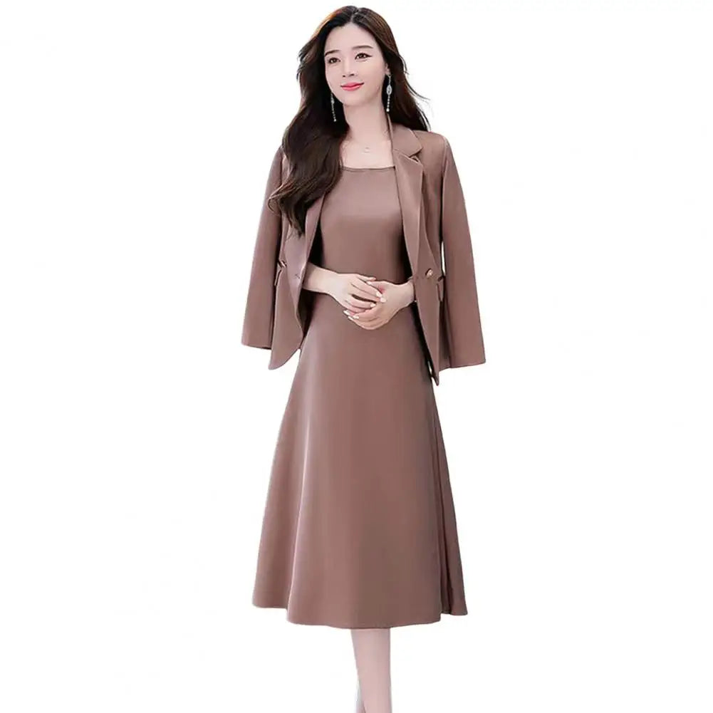 2Pcs Women Outfit Commute Trendy Office Lady Dress Coat Set Elegant Sling Style Coat Long Dress Suit Lady Business Skirt Suit - Seprincess