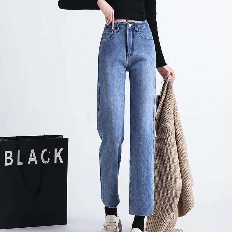 New Straight Denim Jeans Plus Velvet Autumn Winter Micro brushed Edge Elastic Pants High Waist Elastic Fleece Women's Trousers