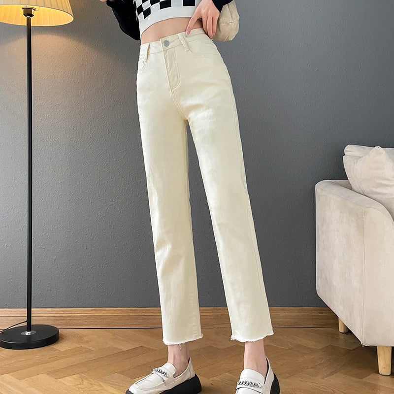 Rarely Hem Pants Spring High Waist Elastic Straight Barrel Jeans Women's Small Smoke Pipe