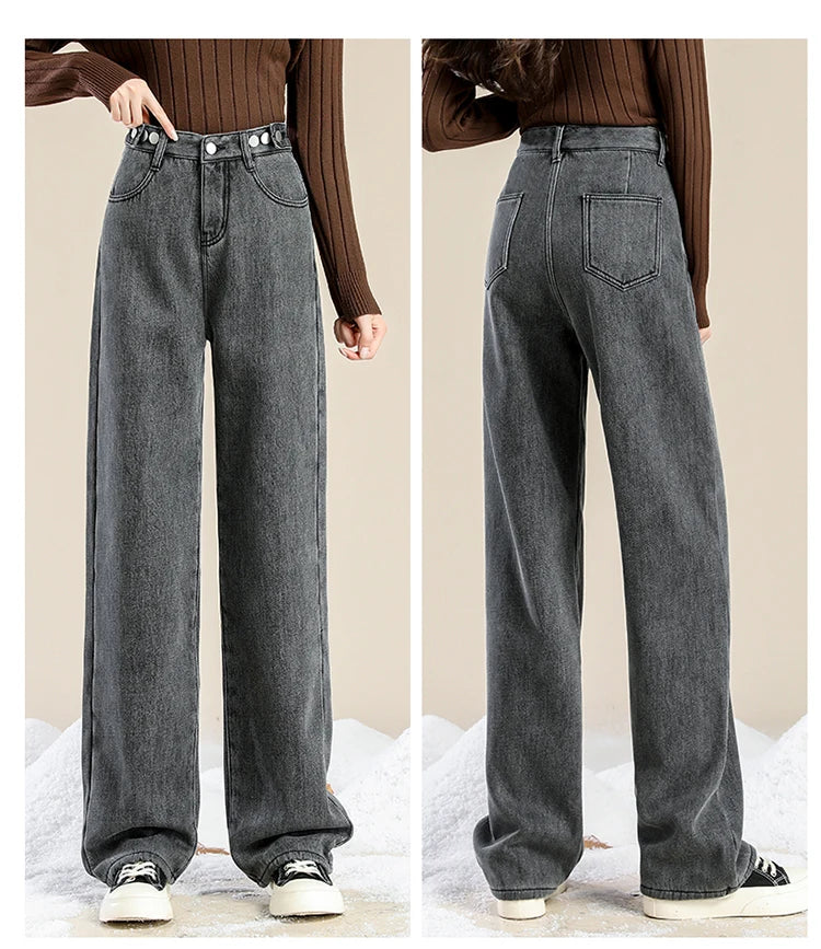 Women Pants 2023 Winter Fashion Korean Edition New Style Versatile High Waist Straight Cylinder Thick Fleece Wide Leg Jeans