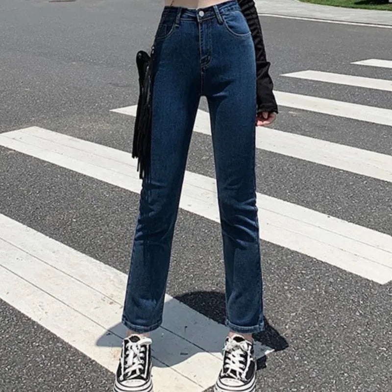 High Waisted Straight Slim Elastic Denim Jeans For Women Smoke Pipe 9,8 Pants Casual Brand Sexy Trousers Female