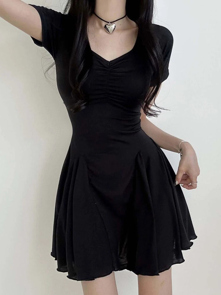 IAMSURE Casual Basic Solid Folds A-Line Dress Korean Style V-Neck Short Sleeve Mini Dresses For Women 2023 Summer Fashion Lady - Seprincess