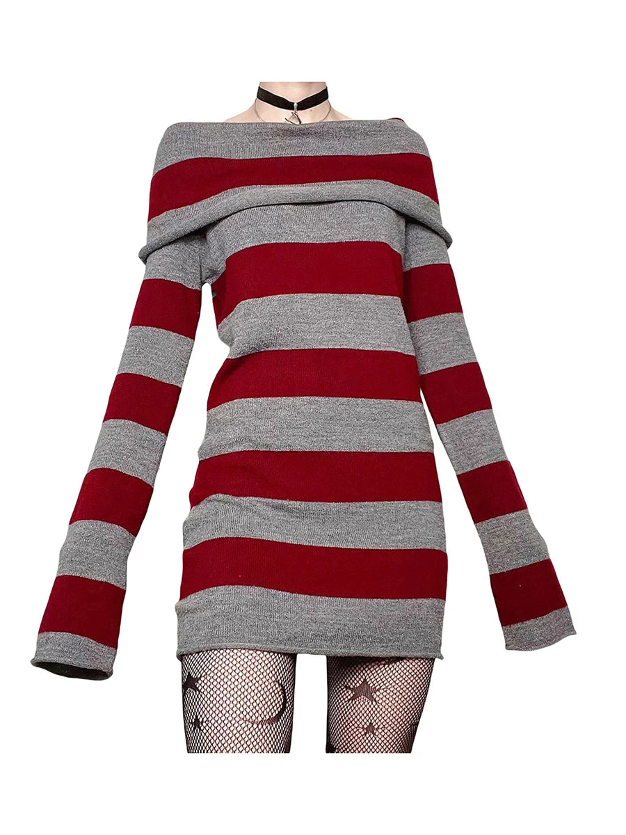 Women Y2K Knit Mini Dress Striped Long Sleeve Off Shoulder Bodycon Short Sweater Dress Trendy Night Club Streetwear - Seprincess