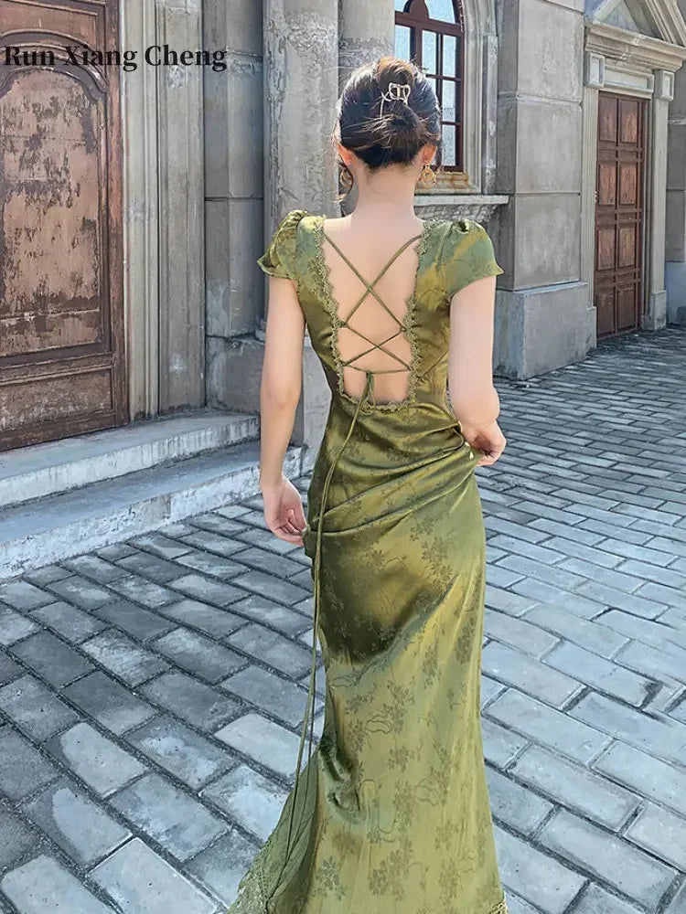 2024 Elegant Women's V-Neck Backless Satin Jacquard Long Dress Chic Turquoise Green Slim Fit Sexy Evening Gown for Party Events - Seprincess