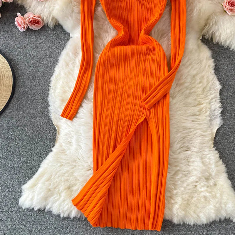 Women Korean Knitted Dress Long Sleeve V Neck Elastic Slim Pencil Dresses 2024 Autumn Sexy Bodycon Split Sweater Dress - Seprincess