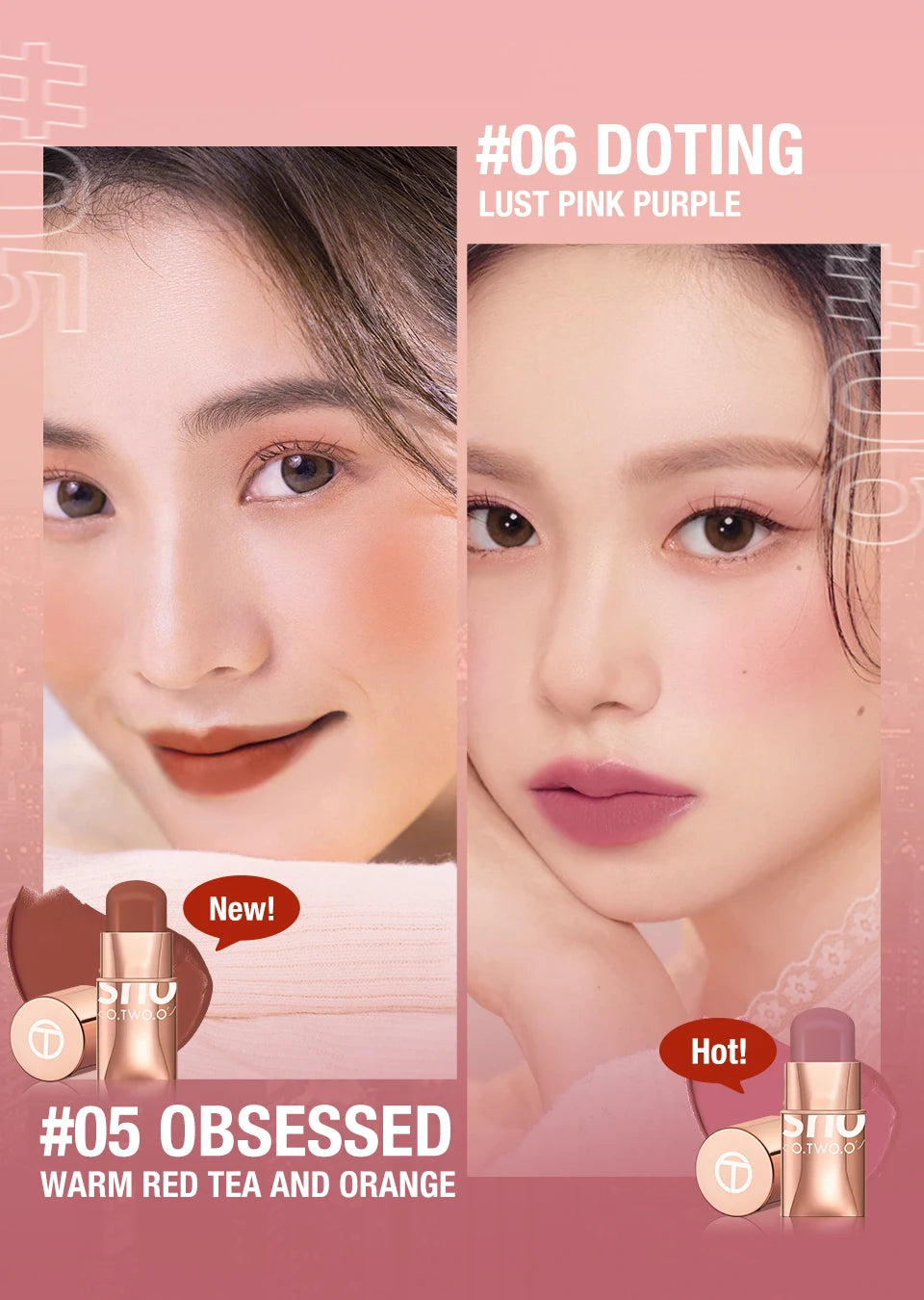 O.TWO.O 3-in-1 Lipstick Blush Eyes Shadow Multifunctional Makeup Waterproof Lightweight Lip Stick Cheek Cream Smooth Texture - Seprincess