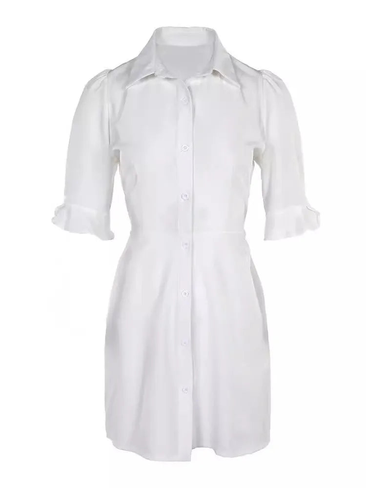 Summer Fashion White Turn-down Collar Shirt Mini Dress Elegant Women Casual Lantern Sleeve Button Pocket High Waist Slim Dresses - Seprincess