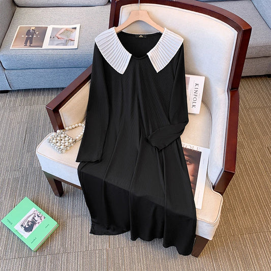 Plus-size women's preppy Black Dress 92% Polyester 8% Spandex Stretch fabric comfortable loose skirt casual commute 6X-large - Seprincess