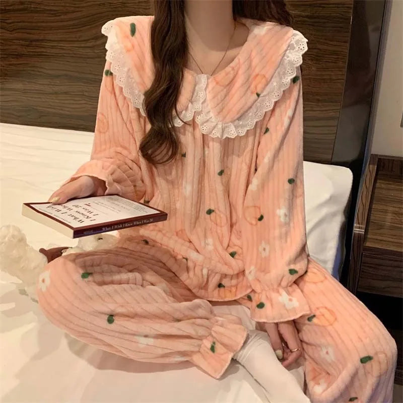 Cartoon Pajama Sets Women Pyjamas Warm Flannel Sleepwear Girl Pijama Set Suit Pant Home Korean Peach Sleep Lace Sleepwear - Seprincess