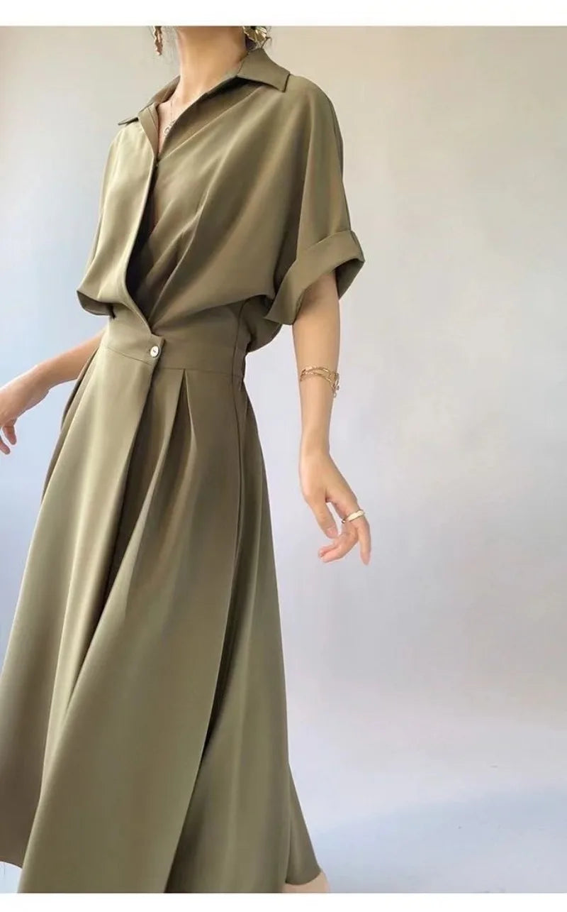 Women Solid Color Long Shirts Dress Summer Turn-down Collar Short Sleeve Party Dress Female Casual Evening Maxi Dresses Vestidos - Seprincess