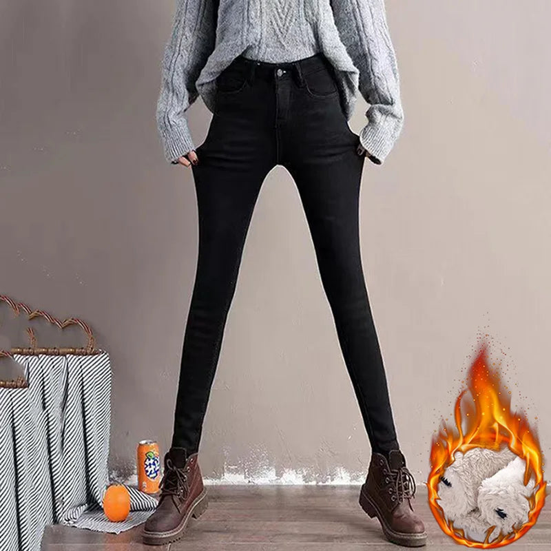 Winter Thicken Fleece Lined Women Jeans Vintage High Waist Snow Wear Vaqueros Casual Skinny Pencil Pants Big Size Warm Pantalons