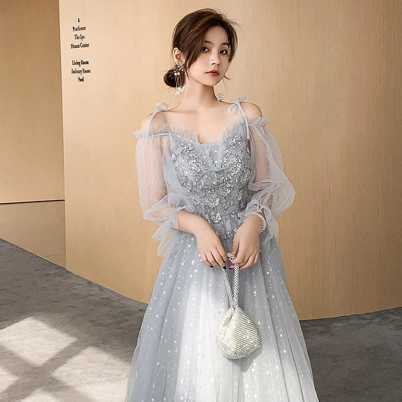 Grey Bridesmaid Dresses Elegant Women Applique Off The Shoulder Floor Length Tulle Wedding Party Dress Formal Prom Gowns - Seprincess