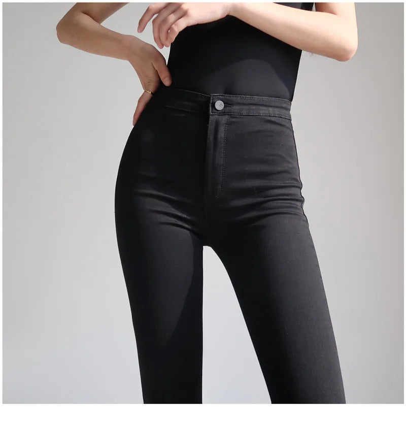 Spring Autumn New High-waisted Slimming Stretch Jeans Women's Petite Black Slim Fit Tightening Leggings Fashionable Casual Wear