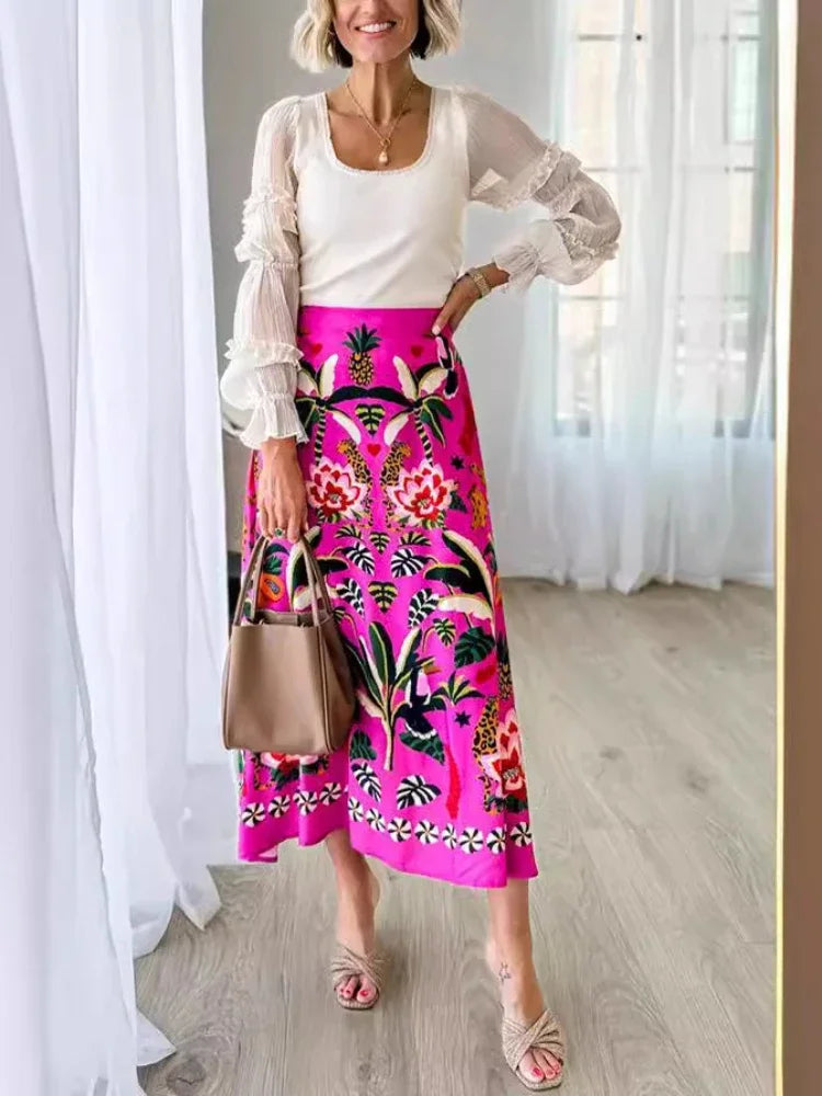 2024 Spring/Summer New Street Tropical Plant Print Retro Half Skirt Women's Elegant Lower Half Colored Printed Half Skirt - Seprincess