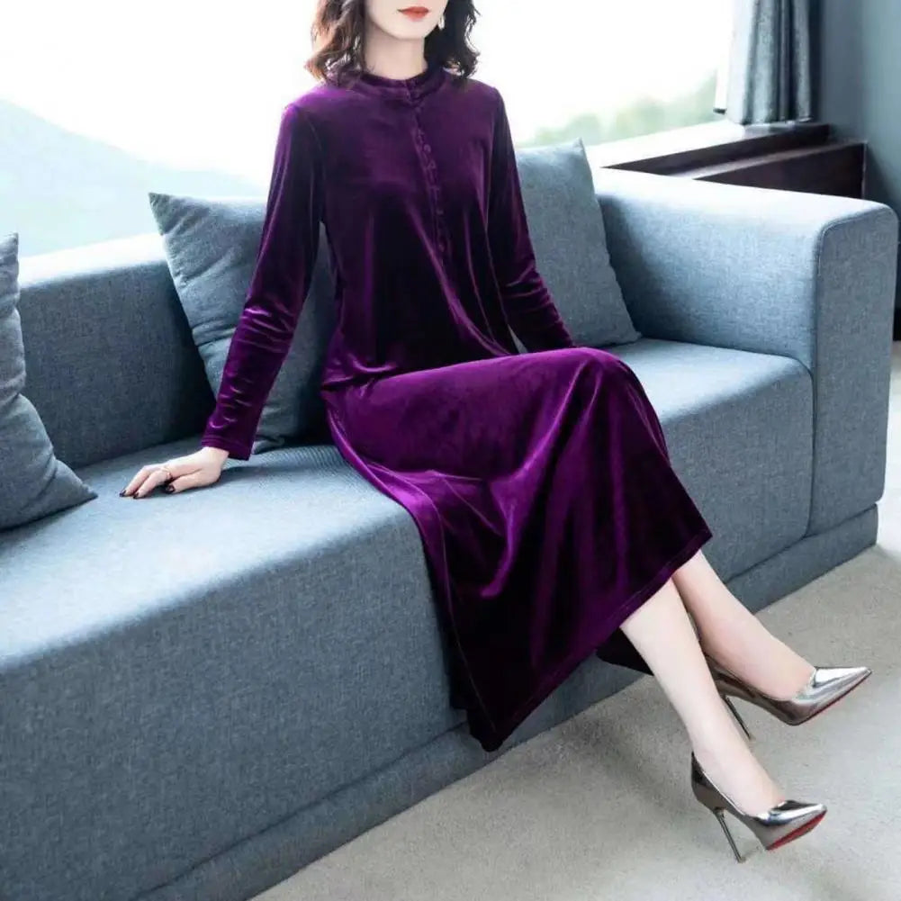 Spring Autumn Women Dress Solid Color Long Sleeves Button Female Maxi Dress Keep Warm Velvet O Neck Mid-calf Length Lady Dress - Seprincess