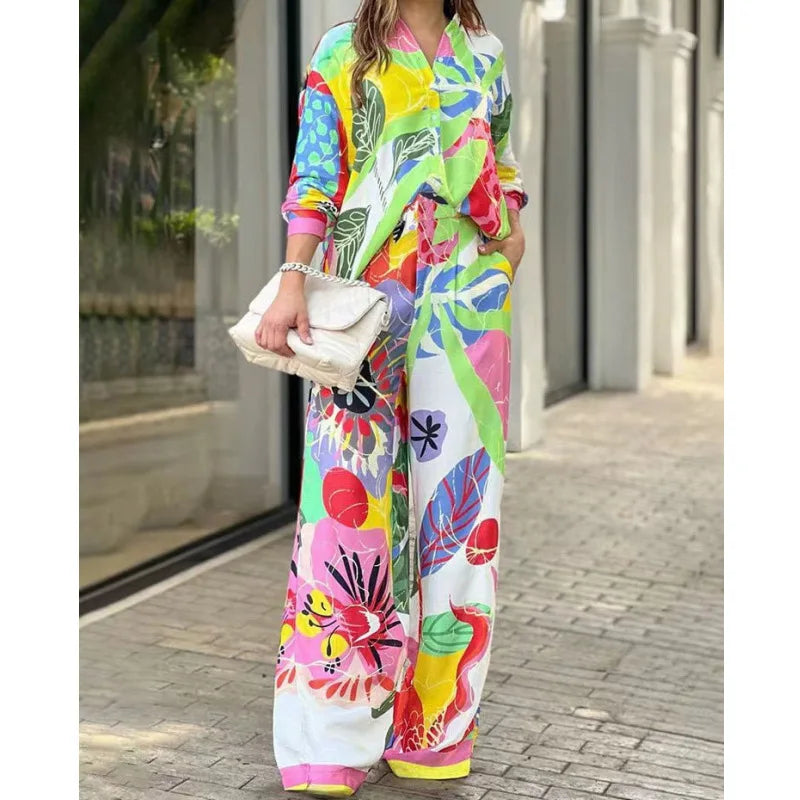 Fashion Color Print Two Piece Set Women Trendy Loose Long Sleeve Shirts Wide Legs Trousers 2 Piece Set Female  Commuting Suits - Seprincess