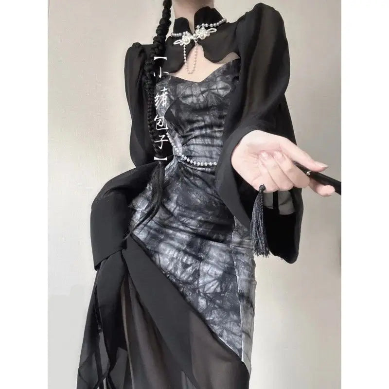 Vintage Black Long Sleeved Top Ink Painting Splicing Irregular Mesh Dresses Cheongsam Dress 2 Piece Suit for Women Modern Qipao - Seprincess