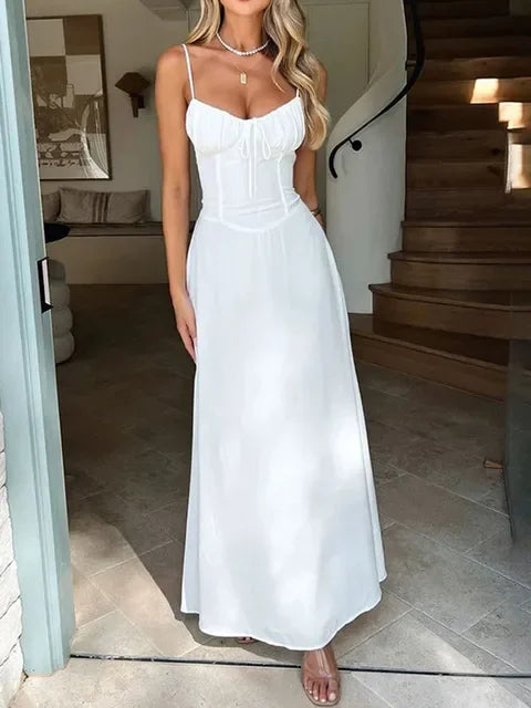 Elegant Strappy Backless Long Dress Women's Summer Fashion Round Neck Smocked Solid Color Slim Evening Dress Long Dress - Seprincess