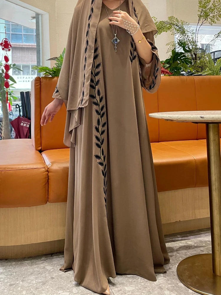 Eid Muslim Abaya for Women Embroidery Dress with Scarf 2 Piece Set Dubai Arab Long Robe Morocco Abayas Kaftan Headscarf Gorgeous - Seprincess