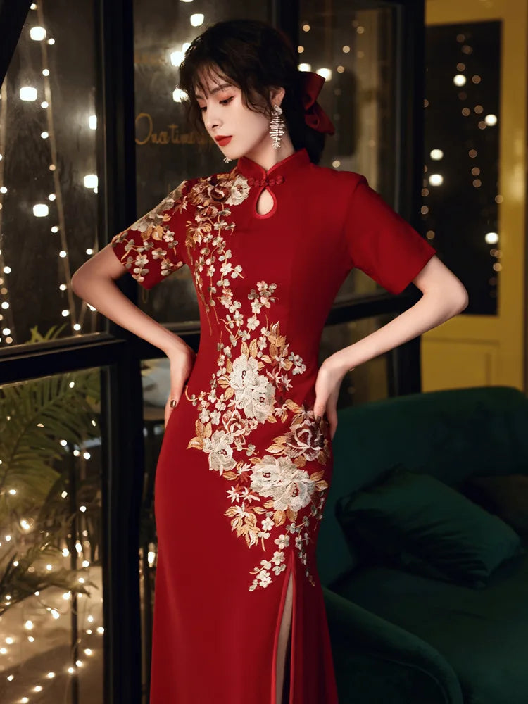 Chinese Bride Wedding Dress Qipao Retro Classic Embroidery Applique Evening Party Dress Cheongsam Sexy Mermaid Split Vestidos - Seprincess