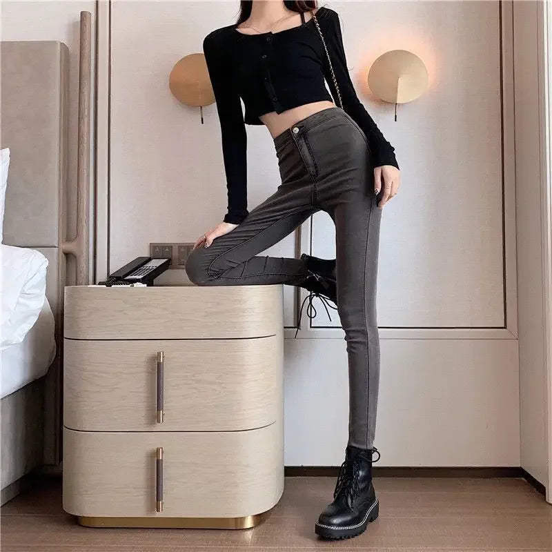 Slim Fit Pants for Women with Pockets High Waist Shot Trousers Skinny Gray Womens Jeans New in 2000s Y2k R Vintage Shiny on Sale