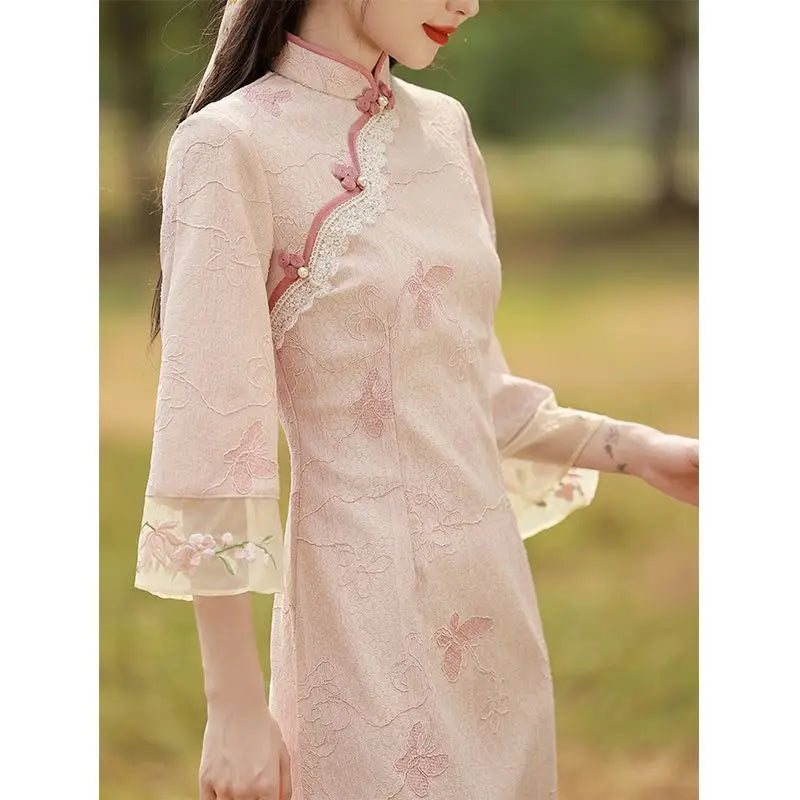 2023 New Pink Cheongsam Embroidery Lace Women Dress Vintage Long Improved Sleeve Chinese Traditional Qipao S To XXL - Seprincess