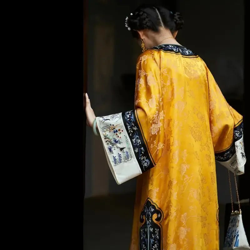 Qing Dynasty Satin Yellow Printed Cheongsam Cloak Chinese Vintage Heavy Industry Horse Face Skirt Original  Qipao Dress Modern - Seprincess