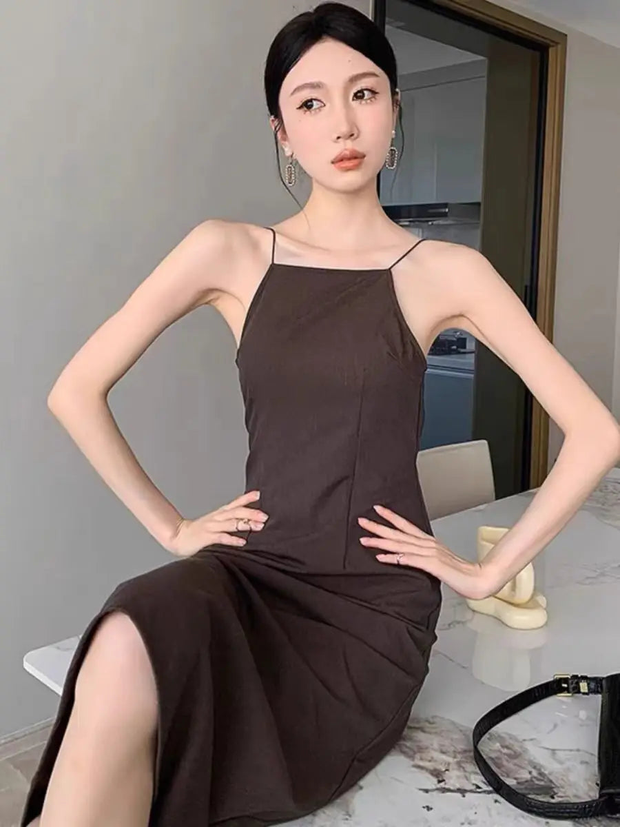 European And American One Neck Backless Spider Web Hollowed Out Suspender Slim Fit Slit Dress For Summer Women - Seprincess