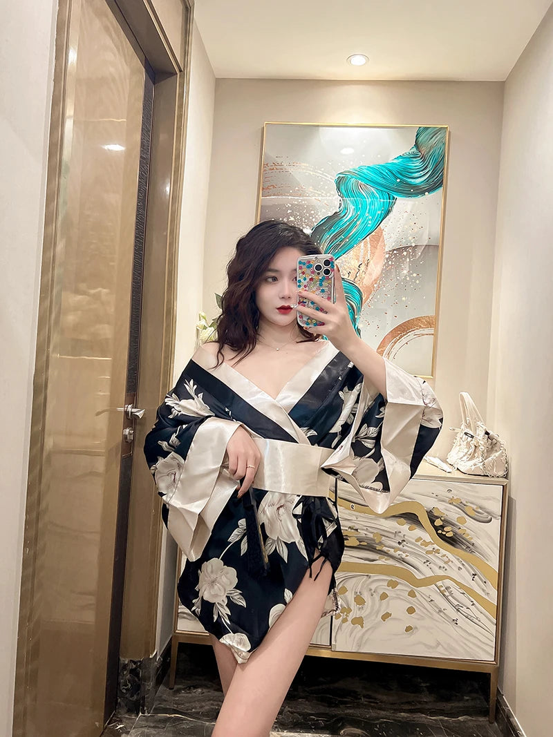 Japanese Kimono Sexy Cosplay Outfit for Women Traditional Style Robe Yukata Sakura Costume Pajamas Soft Silk Belt Lingerie Porno - Seprincess