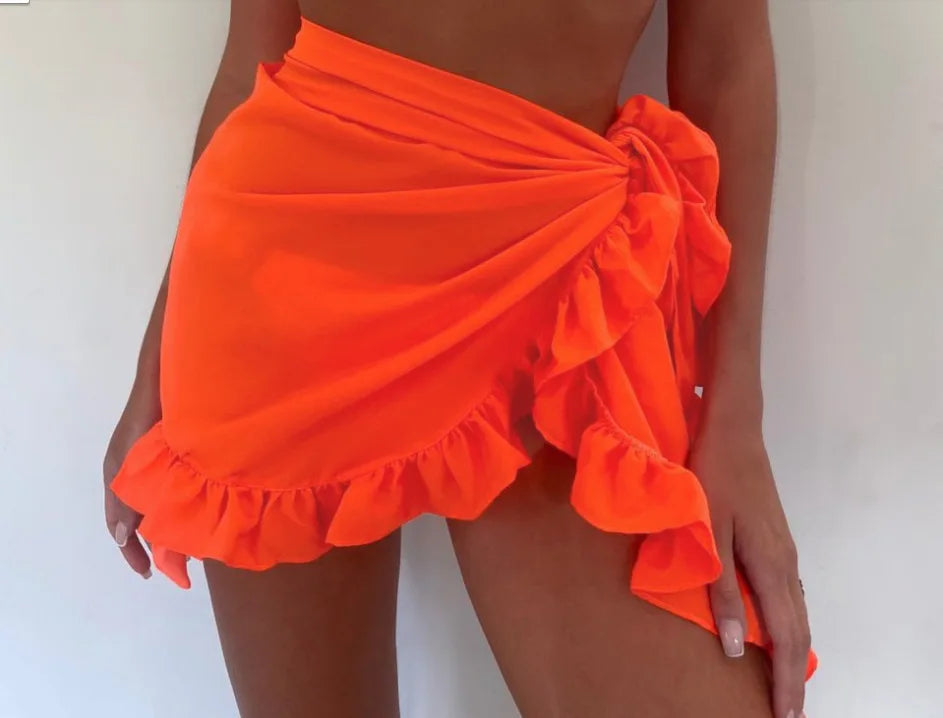 Women Wrap Short Beach Cover-Ups Skirts Sexy Swimsuit Bikini Chiffon Pareo Sarong Thin Transparent Ruffle Wrap Sheer Sheer Skirt - Seprincess